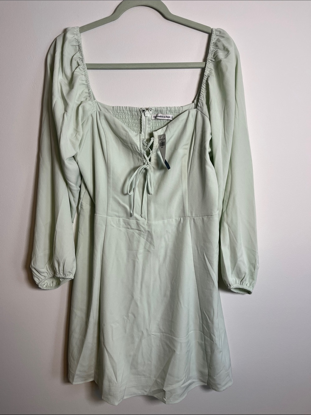 NWT Abercrombie & Fitch Pale Mint Lace-Up Puff Sleeve Mini Dress Sz LTALL